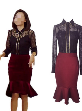 我的前半生明星同款黑色蕾丝衬衫酒红色包身荷叶边鱼尾裙时尚套裙