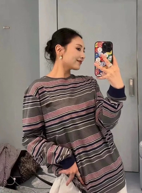 M家2025新款搞定刺绣纯棉灰色条纹系列圆领平纹长款T恤