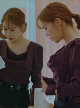 韩剧爱我的间谍刘仁娜同款绛紫色蓬肩上衣黑色后开衩半身裙