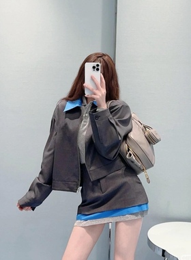 M系春灰色假两件蓝色拼接夹克外套短裙套装Polo领长款打底衫叠穿