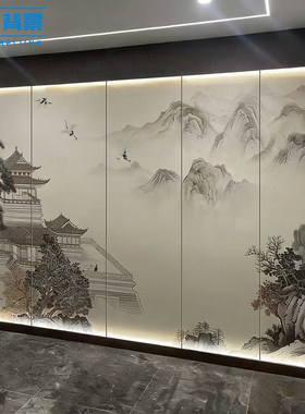 新中式刺绣山水卧室床头墙布客厅沙发电视背景墙宋氏美学硬包壁画