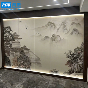 新中式刺绣山水卧室床头墙布客厅沙发电视背景墙宋氏美学硬包壁画