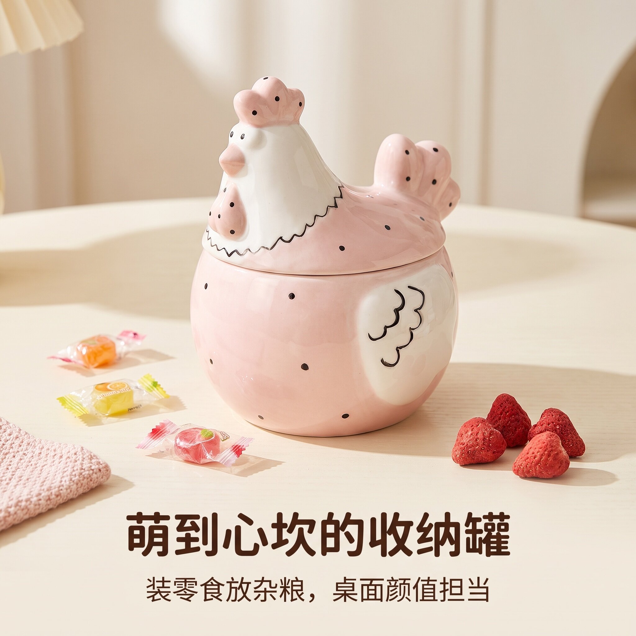 陶瓷田园鸡可爱储物罐卡通粉色