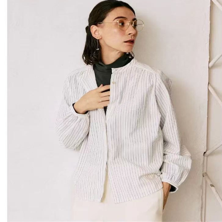 日单亲肤条纹长袖衬衫女2025秋季新款圆领宽松纯棉暗扣宽松上衣