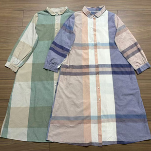 Polo领宽松纯棉中长裙衬衫 新款 裙 连衣裙女2026春季 日单大格子长袖