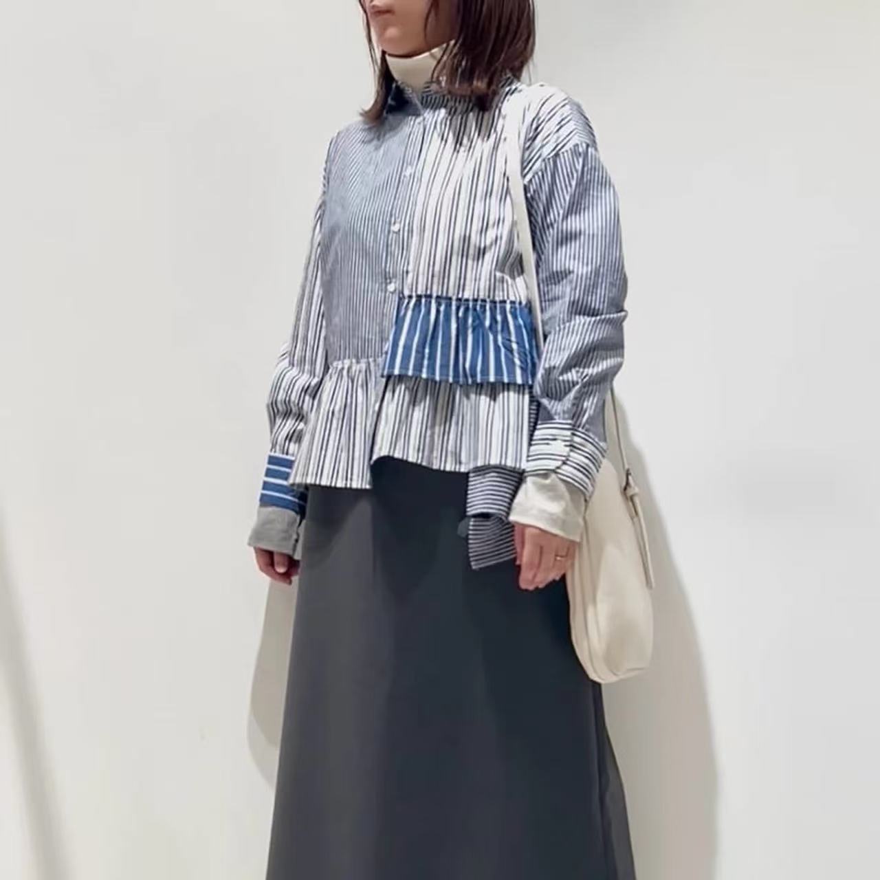官网不规则条纹拼接长袖衬衫女2025秋季新款甜美圆领纯棉宽松衬衣