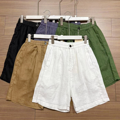 纯麻轻薄高腰短裤女2026夏季新款松紧腰亚麻靴裤宽松阔腿裤五分裤