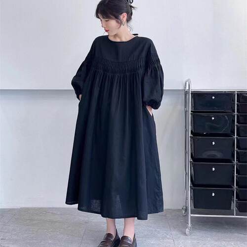 后背系带压褶灯笼袖长袖连衣裙女2026春季新款甜美纯棉宽松中长裙