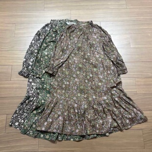 SM碎花长袖连衣裙女2026秋季新款花瓣领宽松中长款鱼尾裙衬衫裙