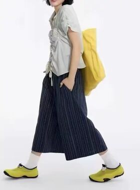 官网条纹棉麻裙裤女2026夏季新款系带松紧腰棉质阔腿裤七分裤长裤