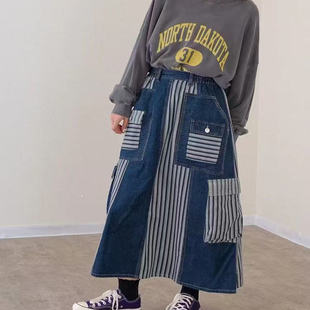 官网撞色拼接牛仔高腰半身裙女2025夏季 系带松紧腰纯棉A字裙 新款