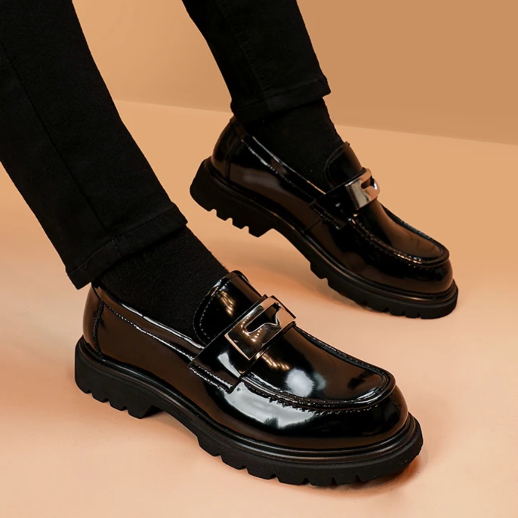 漆皮真皮乐福鞋男2025秋季英伦风商务正装皮鞋厚底亮皮懒人豆豆鞋