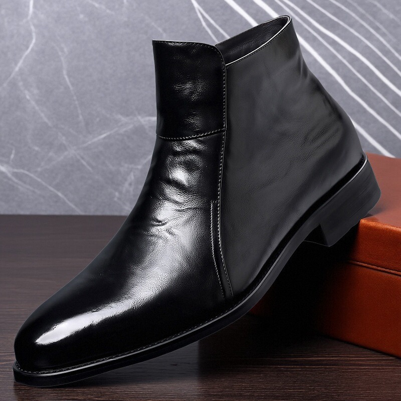 男士切尔西靴秋冬季头层牛皮黑色真皮尖头加绒马丁靴子男高帮皮鞋
