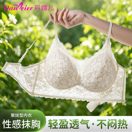 丹媚儿法式蕾丝内衣女夏季薄款小胸聚拢无钢圈收副乳细肩带文胸罩