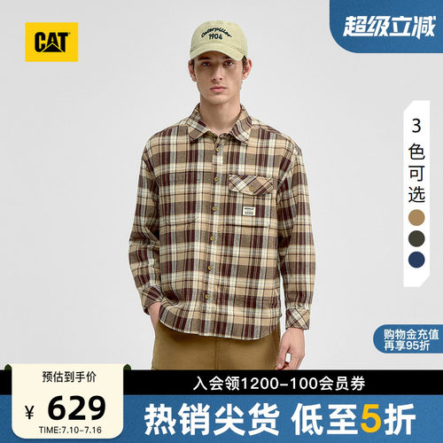 CAT卡特春季男士全棉宽松工装贴袋长袖格子衬衫商场同款