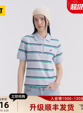 CAT卡特25夏季新品女士户外美式复古工装条纹POLO短袖T恤商场同款