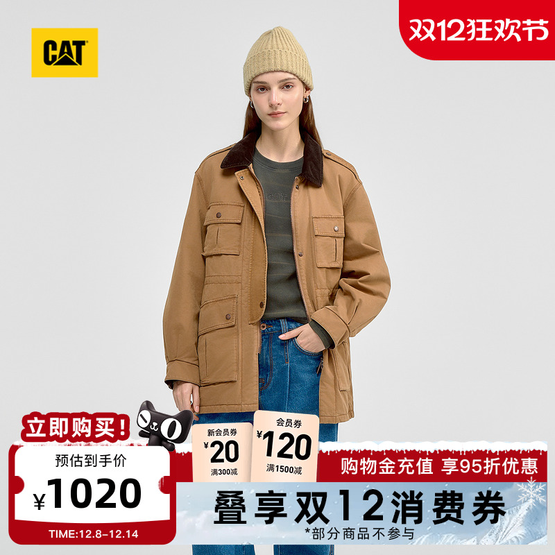 CAT卡特2025秋冬新品女士复古工装中长款灯芯绒翻领棉服商场同款