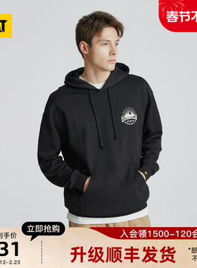 CAT卡特秋冬新款男士户外休闲棉质复古印花连帽卫衣套衫