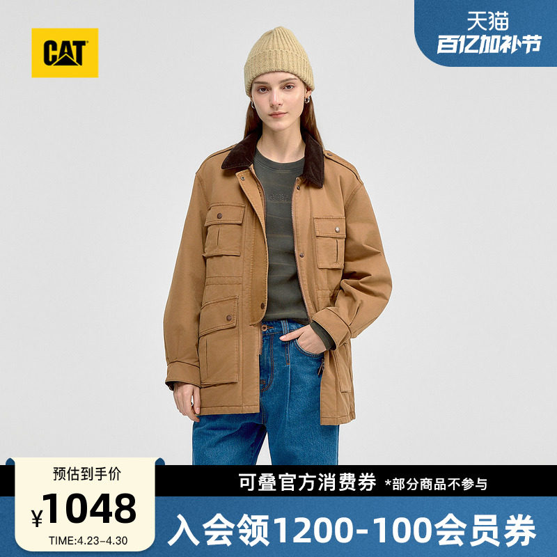 CAT卡特秋冬女士复古工装中长款保暖灯芯绒翻领棉服商场同款