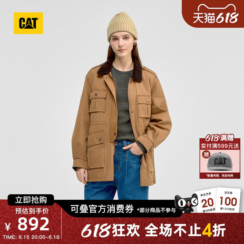 CAT卡特秋冬女士复古工装中长款保暖灯芯绒翻领棉服商场同款