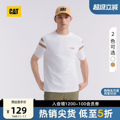 CAT卡特夏季男士户外美式休闲圆领微落肩袖宽松绣花拼色短袖T恤