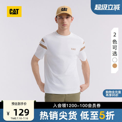 CAT卡特夏季男士户外美式休闲圆领微落肩袖宽松绣花拼色短袖T恤