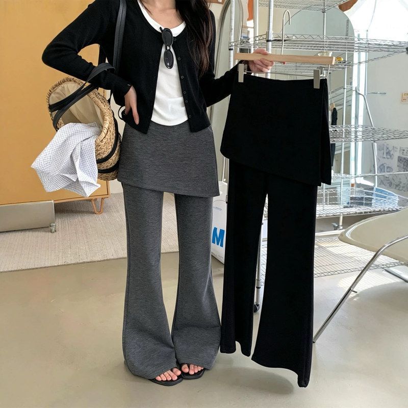 韩版chic假两件屁帘微喇裤女秋季2026新款高腰修身显瘦休闲喇叭裤