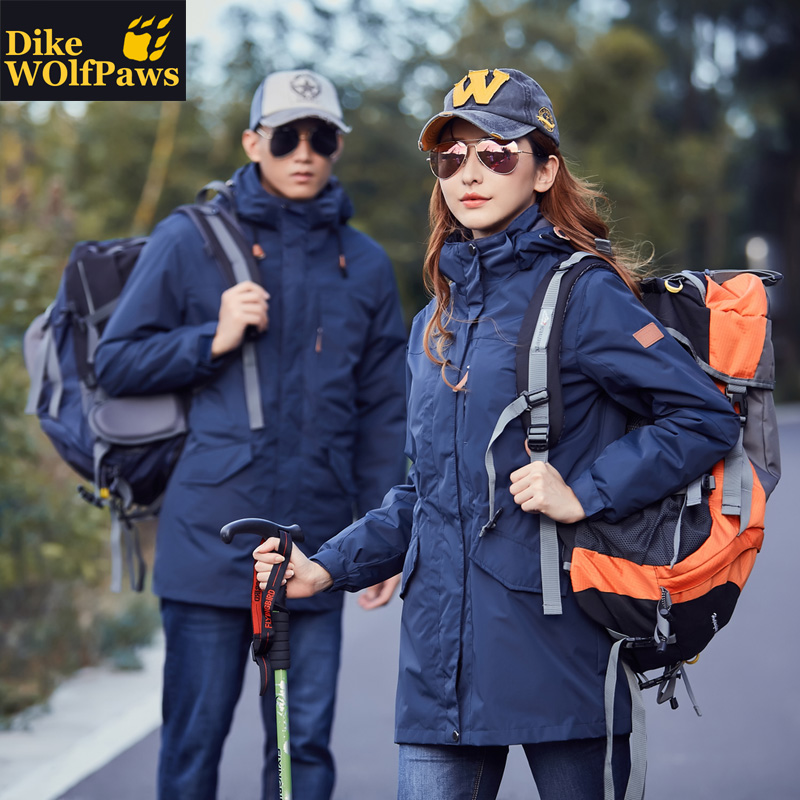户外中长款冲锋衣女款三合一可拆卸防水防风加绒加厚情侣登山服男
