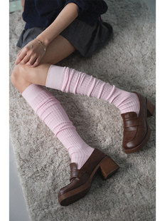 TRISECTION粉色袜子女小腿袜纯棉长筒堆堆袜黑色夏季 长袜高筒靴袜
