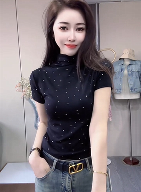 欧货2026早秋新款半高领短袖t恤女气质洋气满天星修身显瘦上衣潮