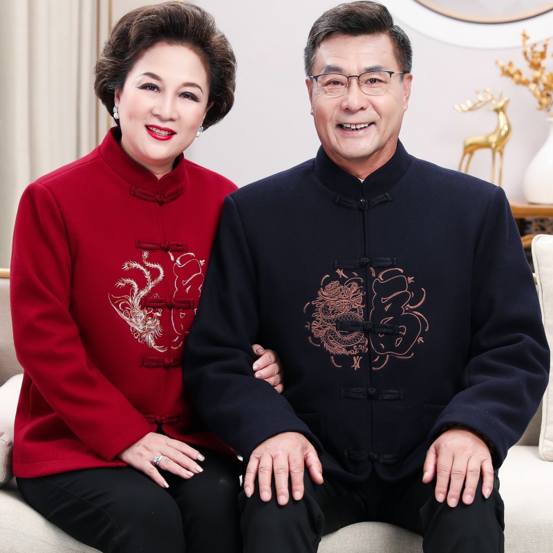 秋冬季唐装男女情侣装羊毛呢老年人爷爷奶奶过寿生日喜庆加绒外套