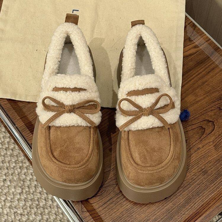 保暖雪地棉白色厚底增高复古勃肯鞋女款2025秋冬季新款蝴蝶结加绒