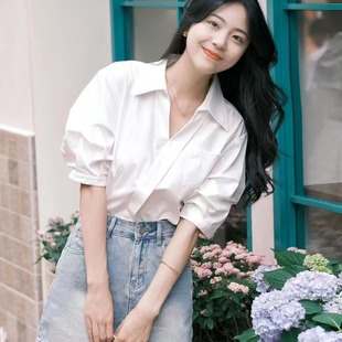 女2025春秋夏季 法式 衬衫 新款 衬衣 小众设计感气质减龄V领短袖 中袖