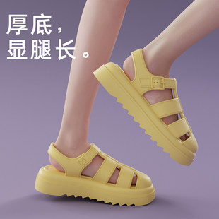 踩屎感厚底网红包头百搭潮 韩版 时尚 女士休闲外穿纯色罗马凉鞋 夏季