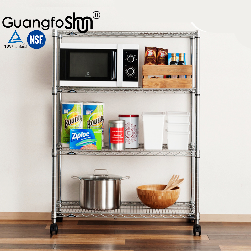 新款四层简易厨房落地烤箱收纳架子客厅带轮子移动多层调节置物架