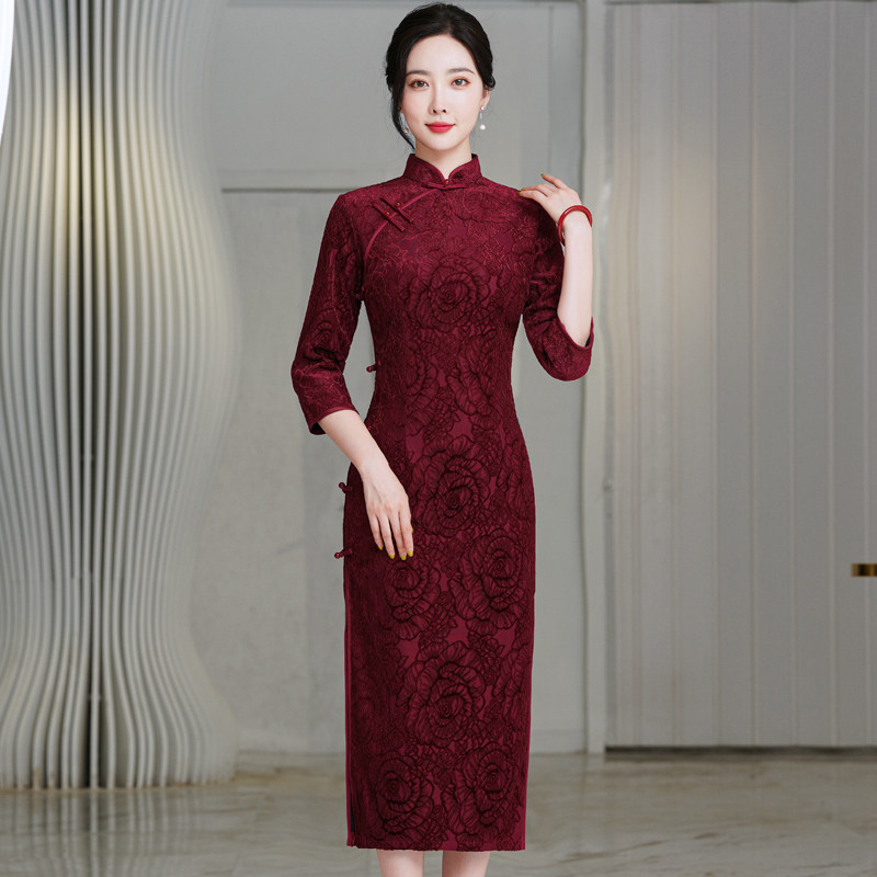 复古改良新款旗袍中长过膝秋冬长袖修身气质时尚年轻妈妈装日常红