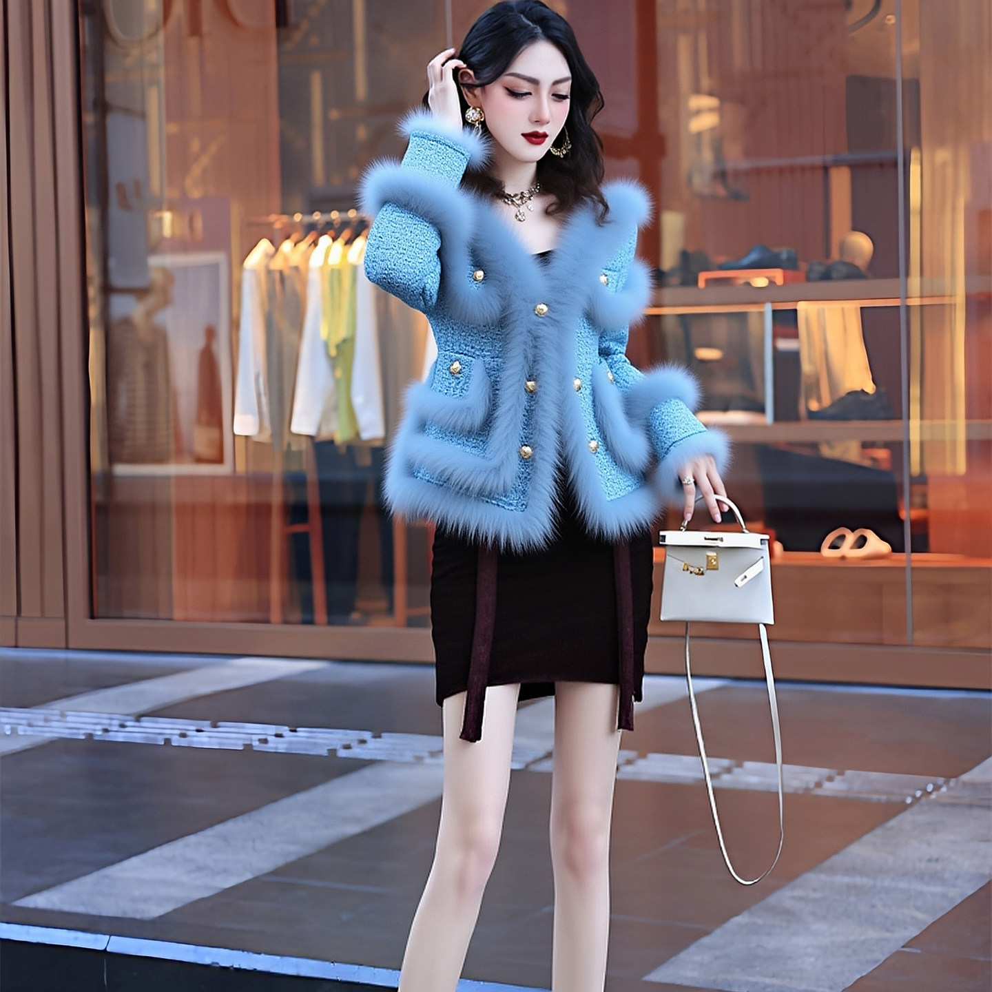 2025冬季新款蓝色小香风毛毛拼接短款毛呢外套女加厚小个子百搭,女装/女士精品,毛呢外套,淘宝优惠券,粉丝福利购,淘宝优惠卷