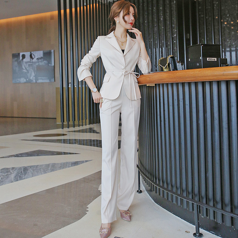 裸色气质时尚女裤套装2025夏季新款薄款减龄职业装小西装阔腿长裤