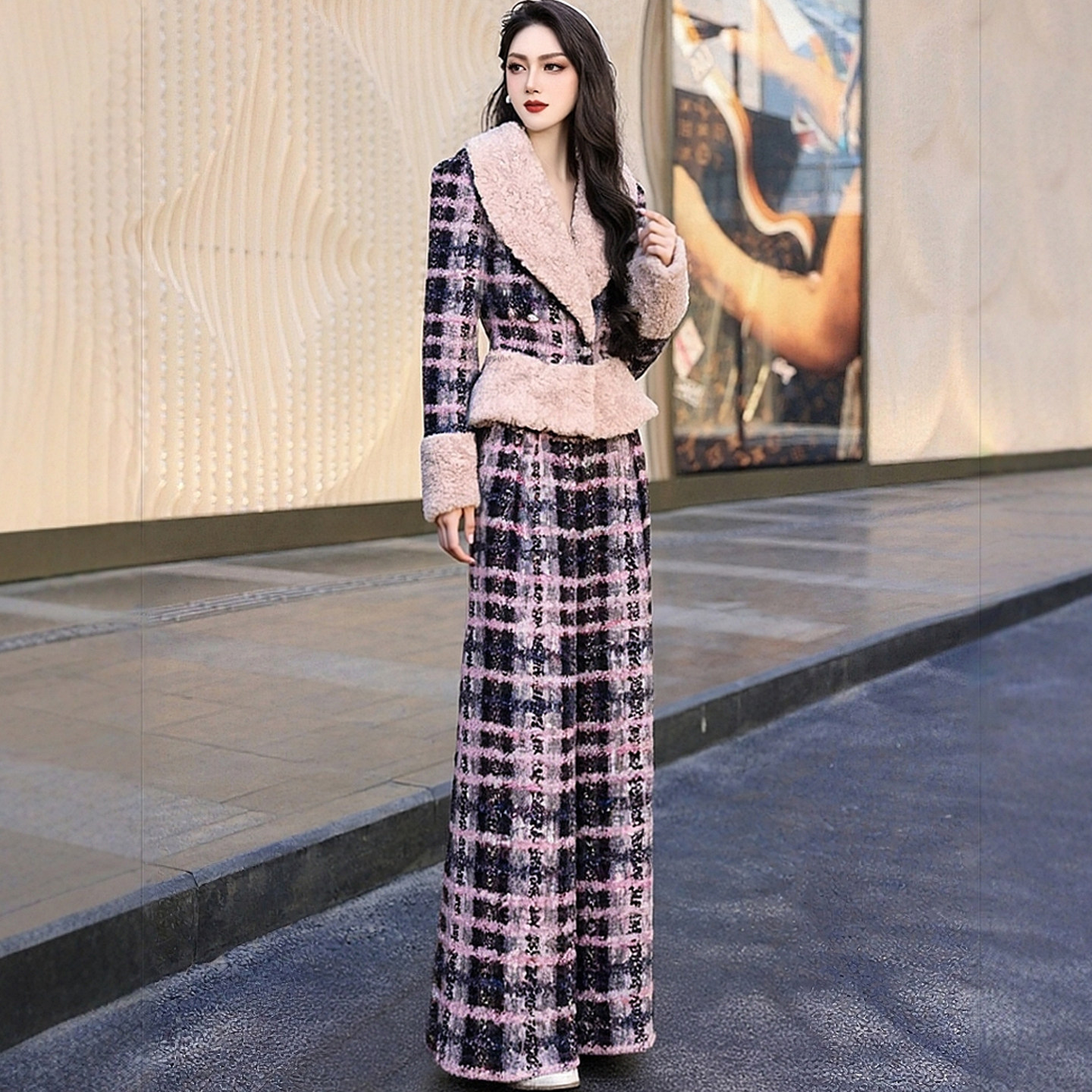 小香风格纹套装女2025冬季新款毛绒领收腰阔腿裤气质高级感两件套,女装/女士精品,时尚套装,淘宝优惠券,粉丝福利购,淘宝优惠卷