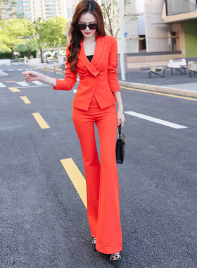 红色秋季减龄OL西装套装女新品时尚显瘦小西服外套微喇叭裤两件套