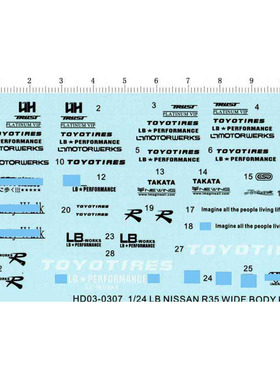 1/24 LB GT-R R35 toyotires 模型车身改装水贴纸 D03-0307