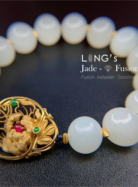 *吉祥玉易坊*18K玫瑰金牡丹 新疆和田籽料圆珠 花开富贵 白玉手串