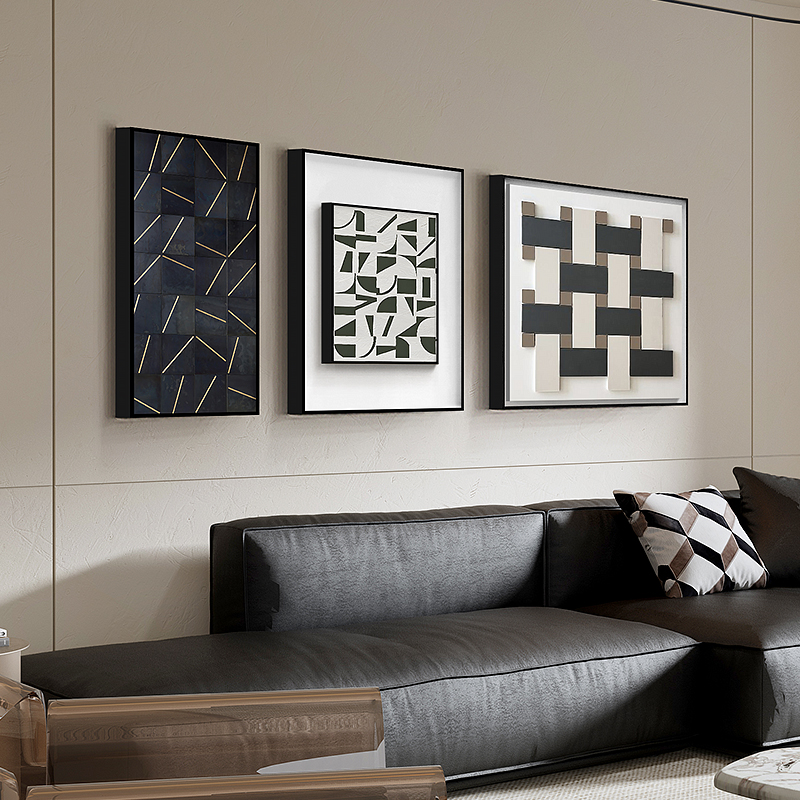 夜说现代简约装饰画客厅沙发背景墙画三联黑白灰抽象几何色块挂画图片