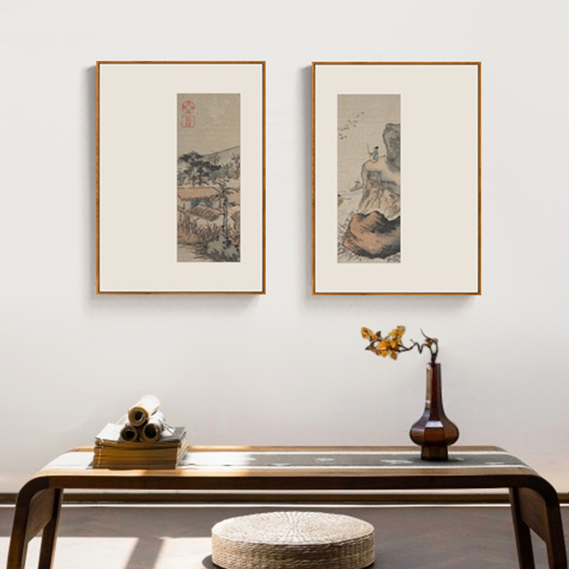 望水 新中式茶餐厅装饰画艺术山水风景挂画禅意书房茶室墙画双联图片
