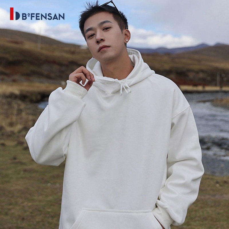 波梵森2023春秋新款休闲情侣加绒连帽卫衣女宽松纯色纯棉套头男潮