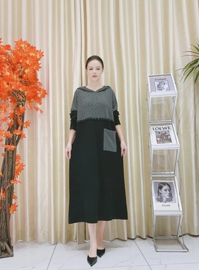 9992灰色波点拼接带帽设计款羊毛气质秋冬长款轻奢针织连衣玥玥羊