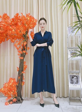 A053藏蓝色polo领长袖设计款气质设计师秋冬长款轻奢针织连衣裙