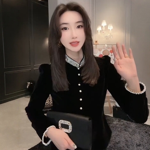 黑色钉珠丝绒泡泡袖衬衫女2025秋季新款高端精致法式气质名媛上衣