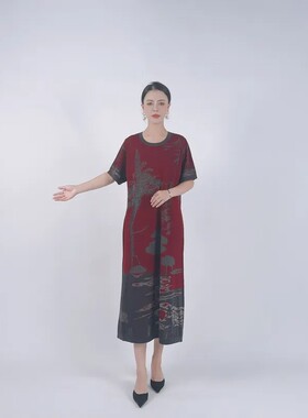 B074红灰提花设计连衣裙女宽松大码中年妈妈短袖过膝长裙玥玥羊