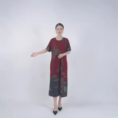 B074红灰提花设计连衣裙女宽松大码中年妈妈短袖过膝长裙玥玥羊
